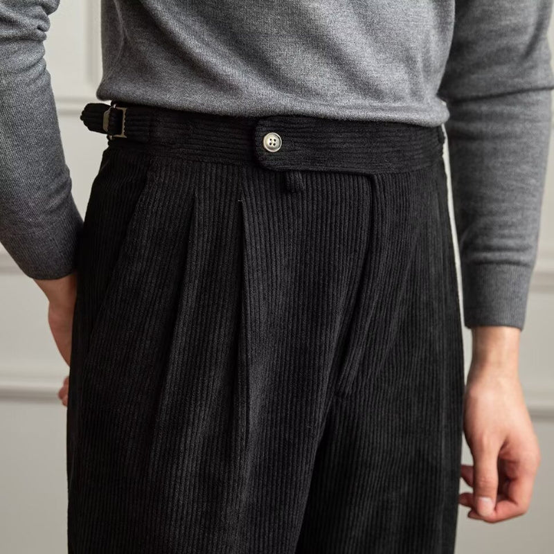 Corduroy Trousers for Men | High Waist, Pleated Front | Black
