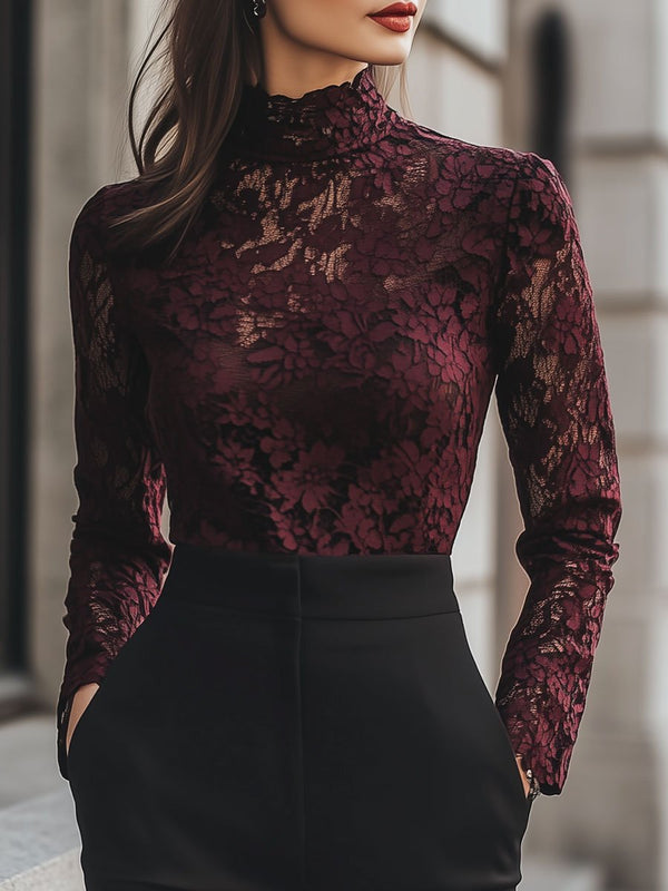 Floral Lace Design Blouse for Women, High Neck | Long Sleeve | Burgundy
