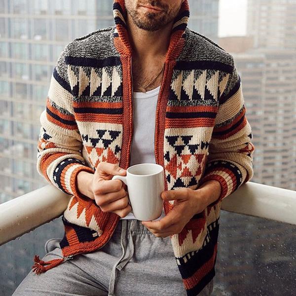 Cardigan for Men, Geometric Design | Modern Fit | Brown