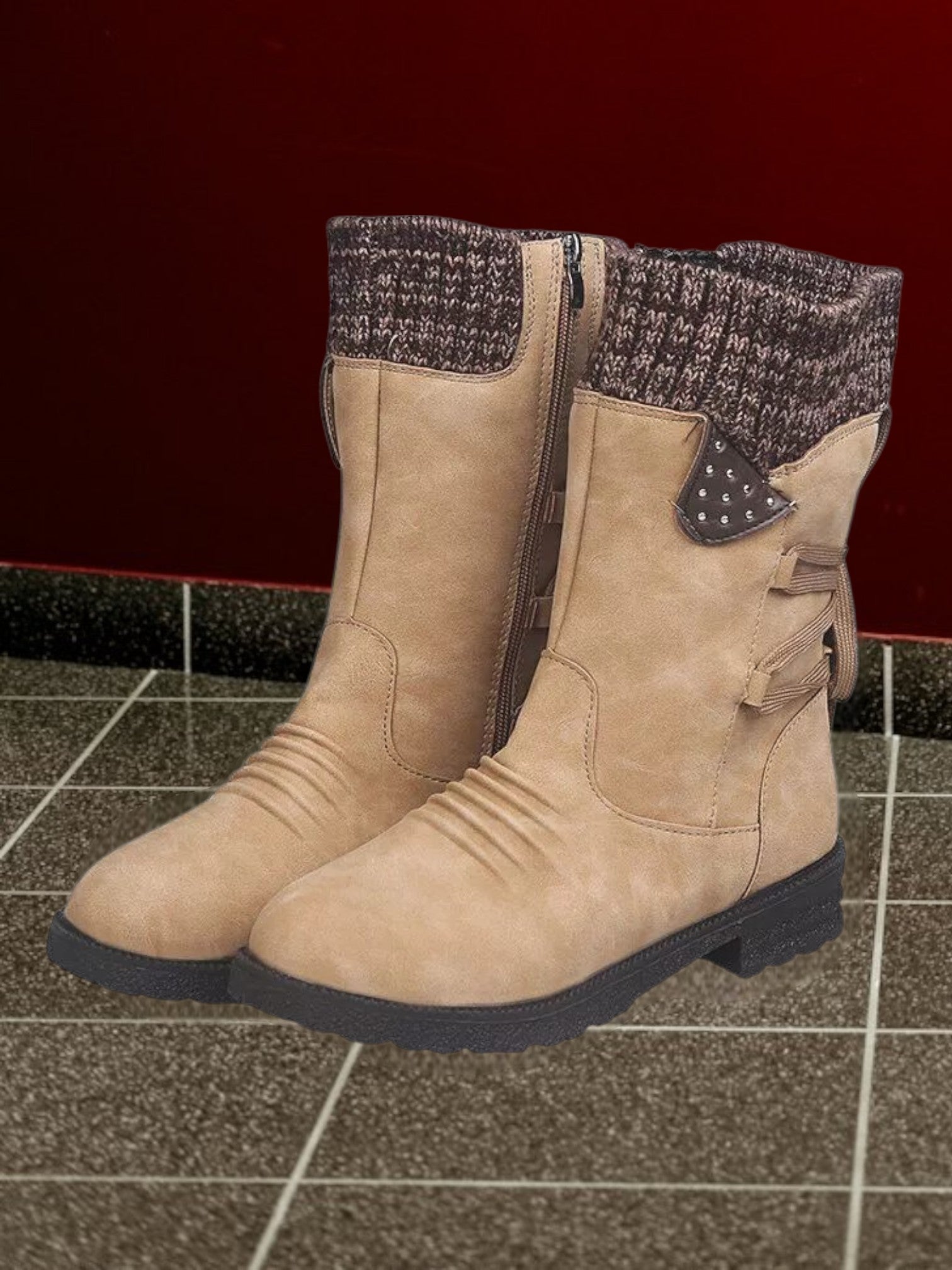 Cristina | Women's Waterproof Non-Slip Mid-Calf Boots with Lace-Up and Zip Closure | Khaki
