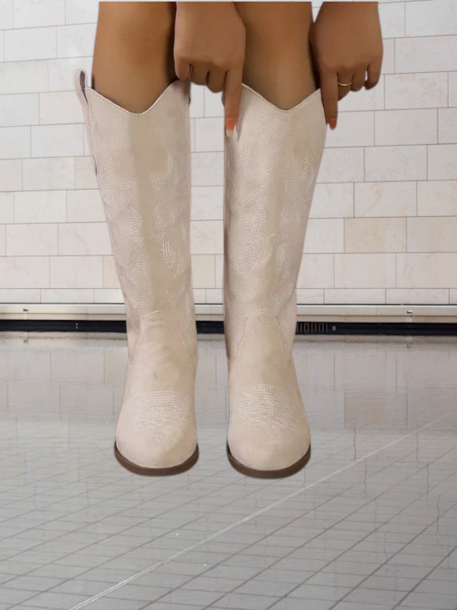 Emma | Classic Suede Cowboy Boots for Women with Intricate Stitching and Durable Design | Beige 3