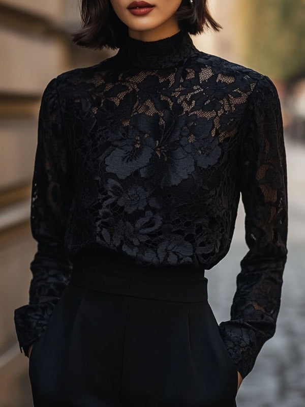 Floral Lace Design Blouse for Women, High Neck | Long Sleeve | Black