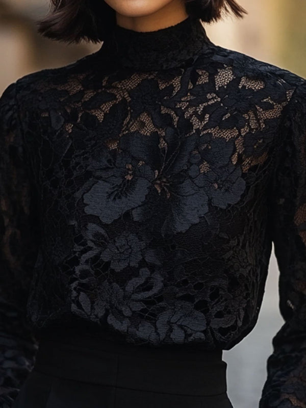 Floral Lace Design Blouse for Women, High Neck | Long Sleeve | Black1