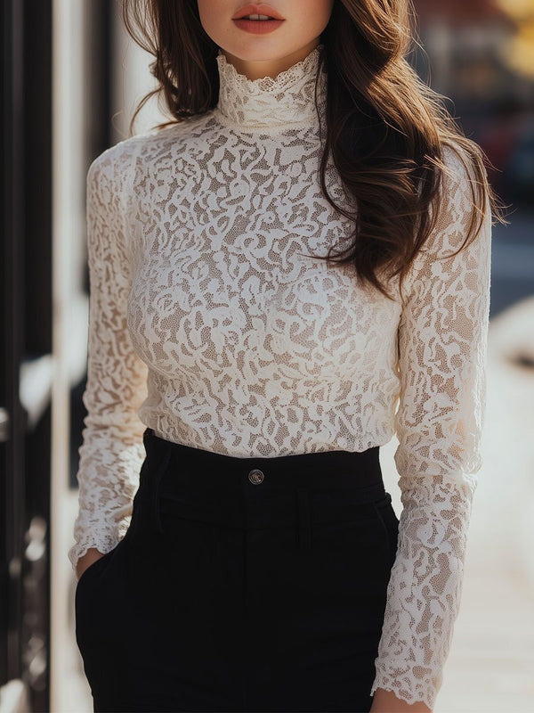Floral Lace Design Blouse for Women, High Neck | Long Sleeve | White
