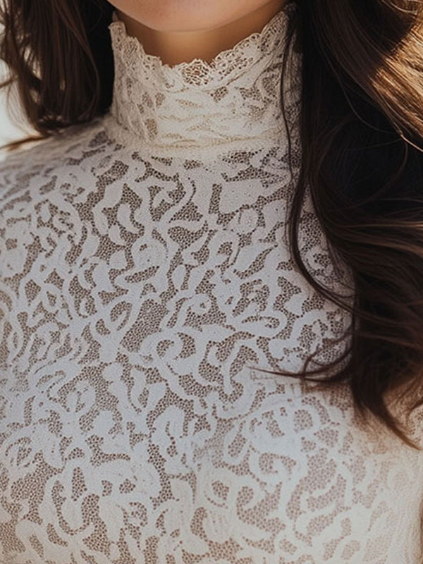 Floral Lace Design Blouse for Women, High Neck | Long Sleeve | White1