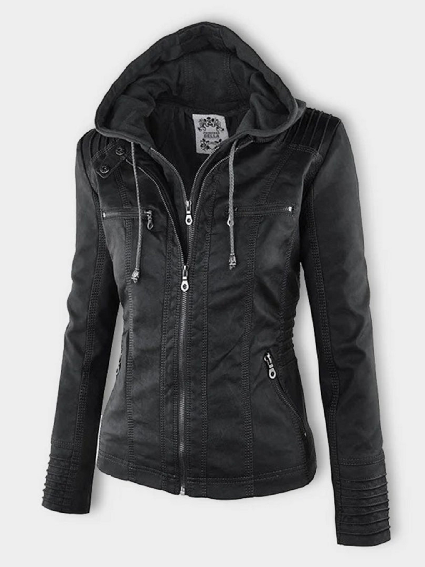 Hooded Leather Jacket for Women | Ribbed Profile | Black