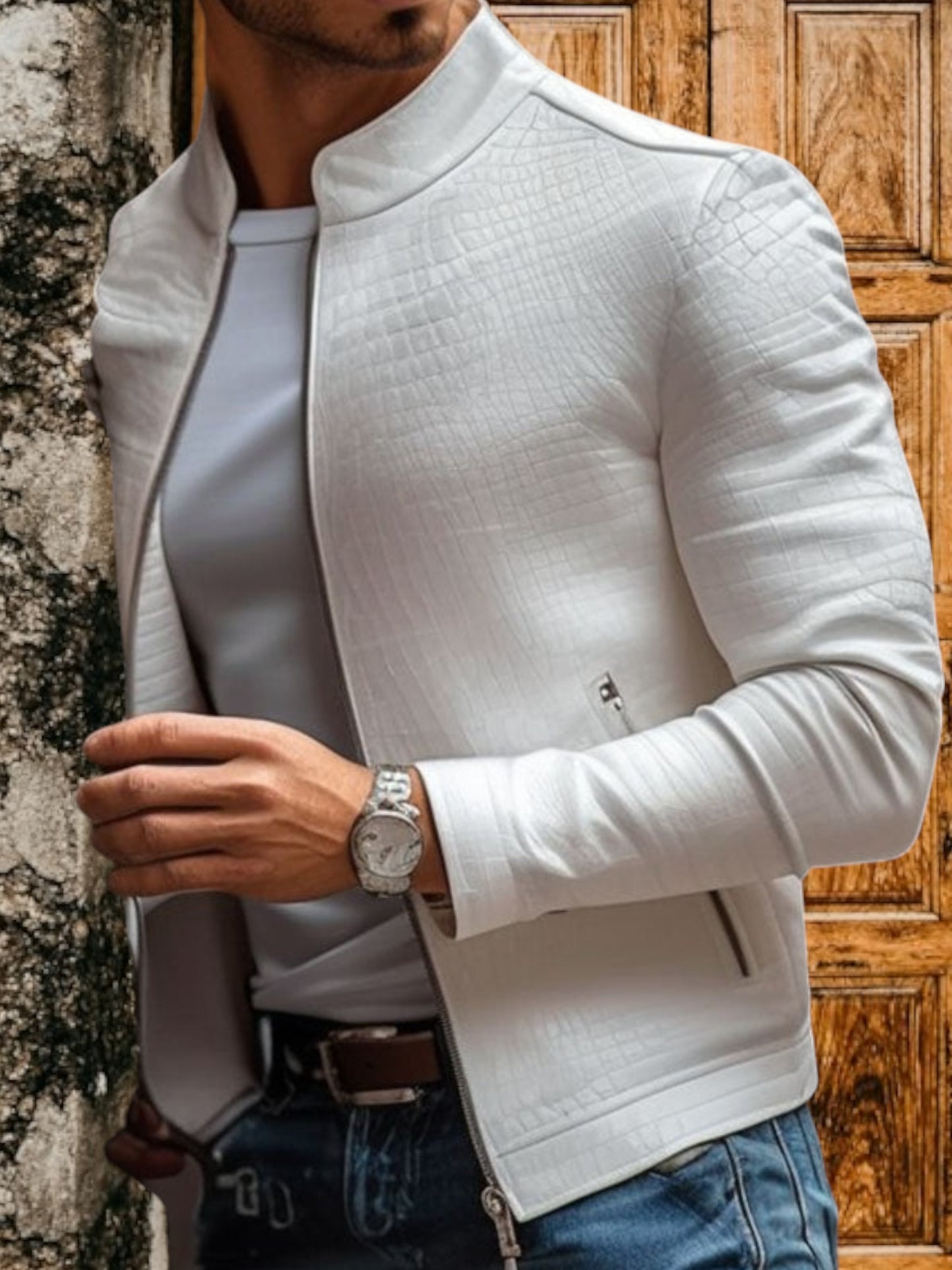 Kairos | Men's Leather Jacket Slim Fit with Stone Pattern and Standing Collar | White 2