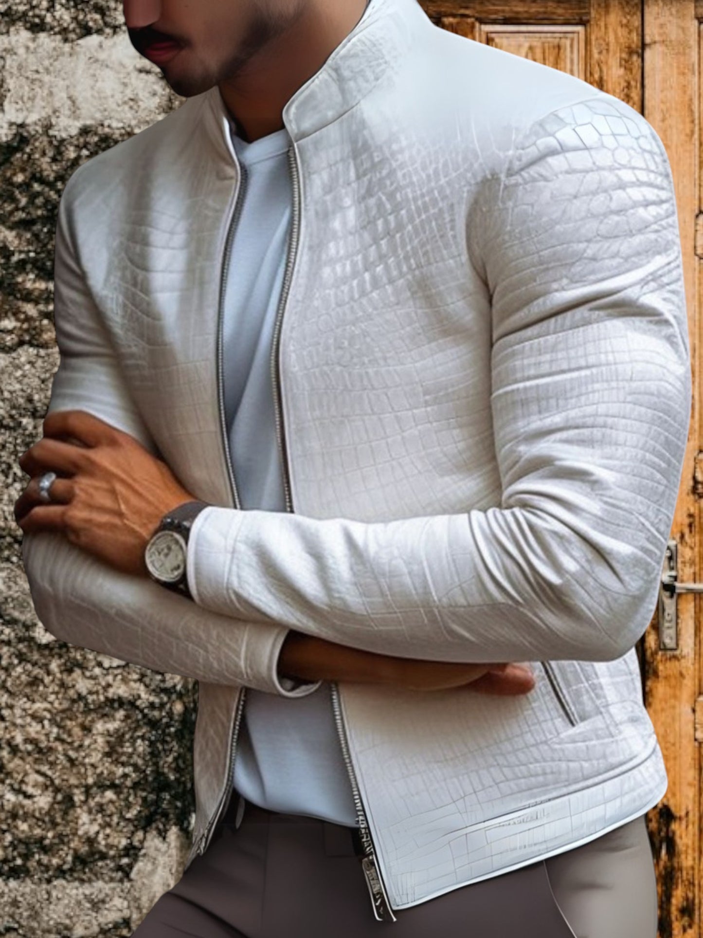 Kairos | Men's Leather Jacket Slim Fit with Stone Pattern and Standing Collar | White 3