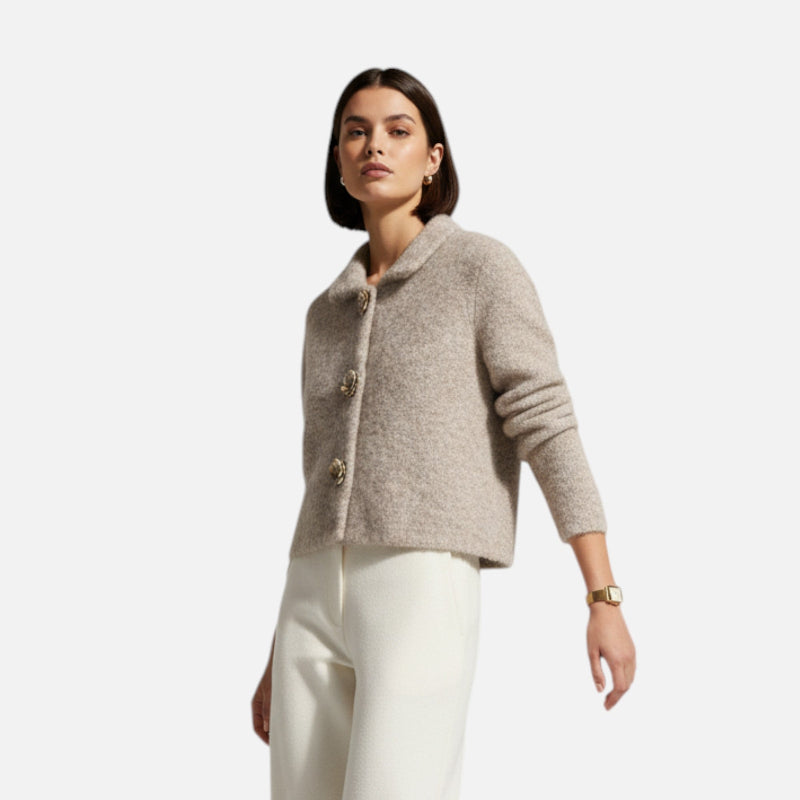 Knit Cardigan for Women, Floral Button Details | Hip-Length | Beige