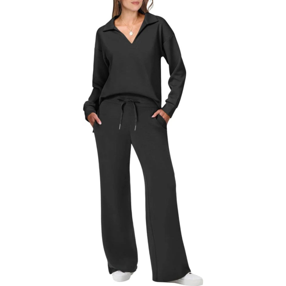 Loungewear Set for Women | Relaxed Fit, Elegant V-Neck | Black