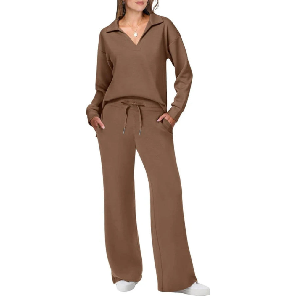 Loungewear Set for Women | Relaxed Fit, Elegant V-Neck | Brown