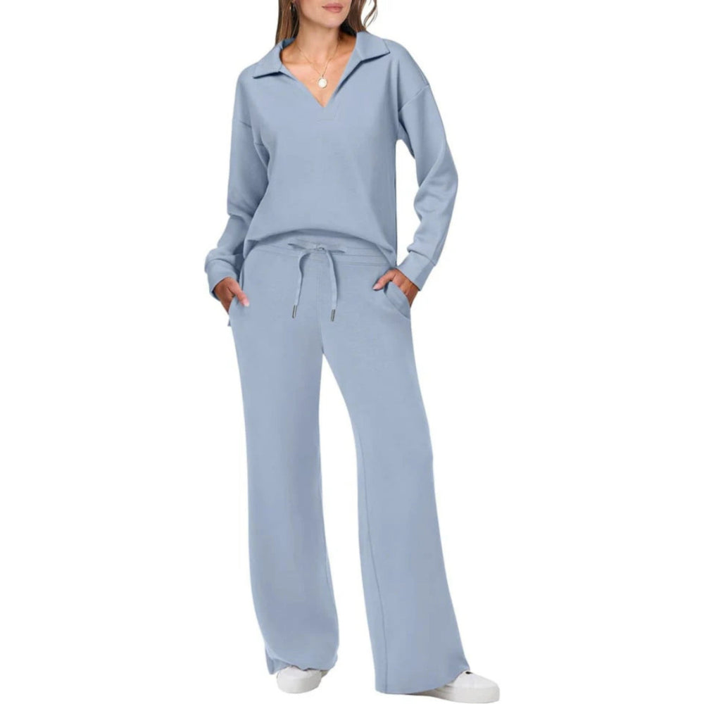 Loungewear Set for Women | Relaxed Fit, Elegant V-Neck | Light Blue