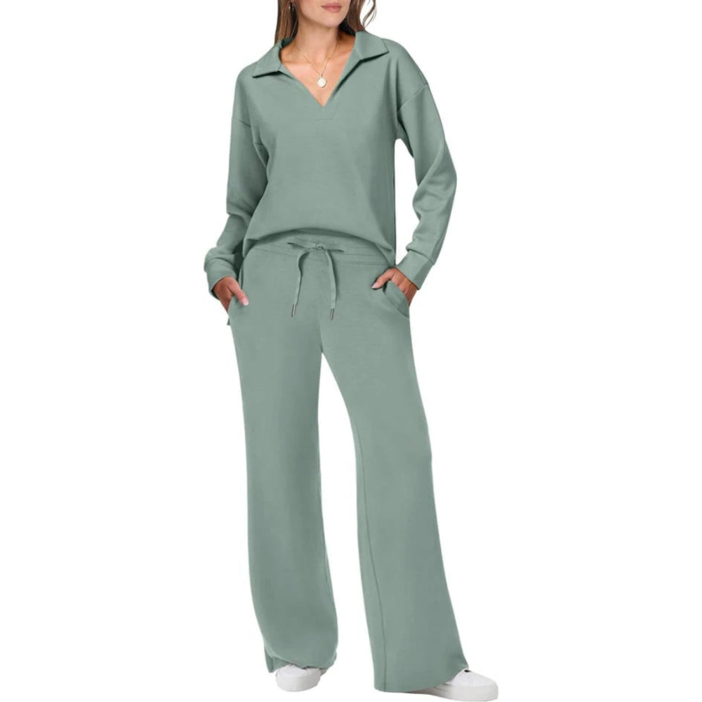 Loungewear Set for Women | Relaxed Fit, Elegant V-Neck | Olive Green