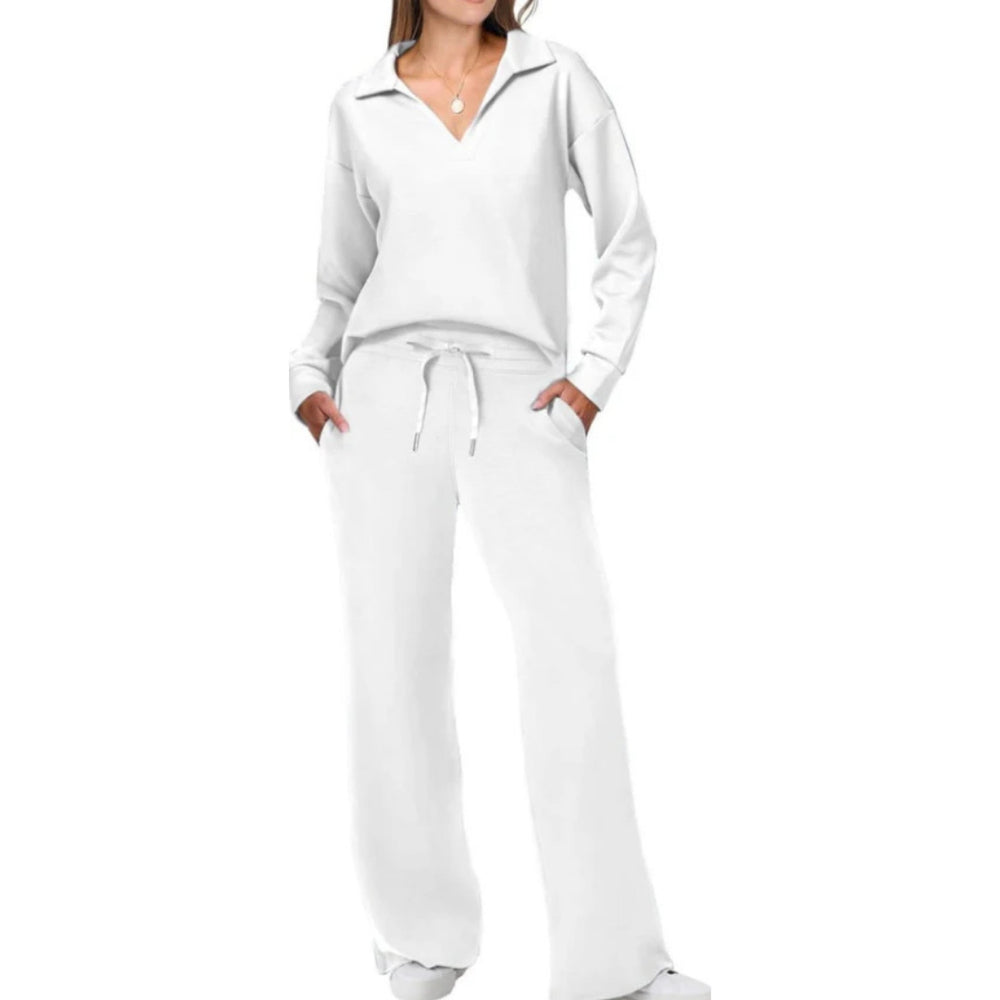 Loungewear Set for Women | Relaxed Fit, Elegant V-Neck | White
