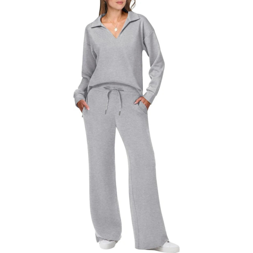 Loungewear Set for Women | Relaxed Fit, Elegant V-Neck | Gray