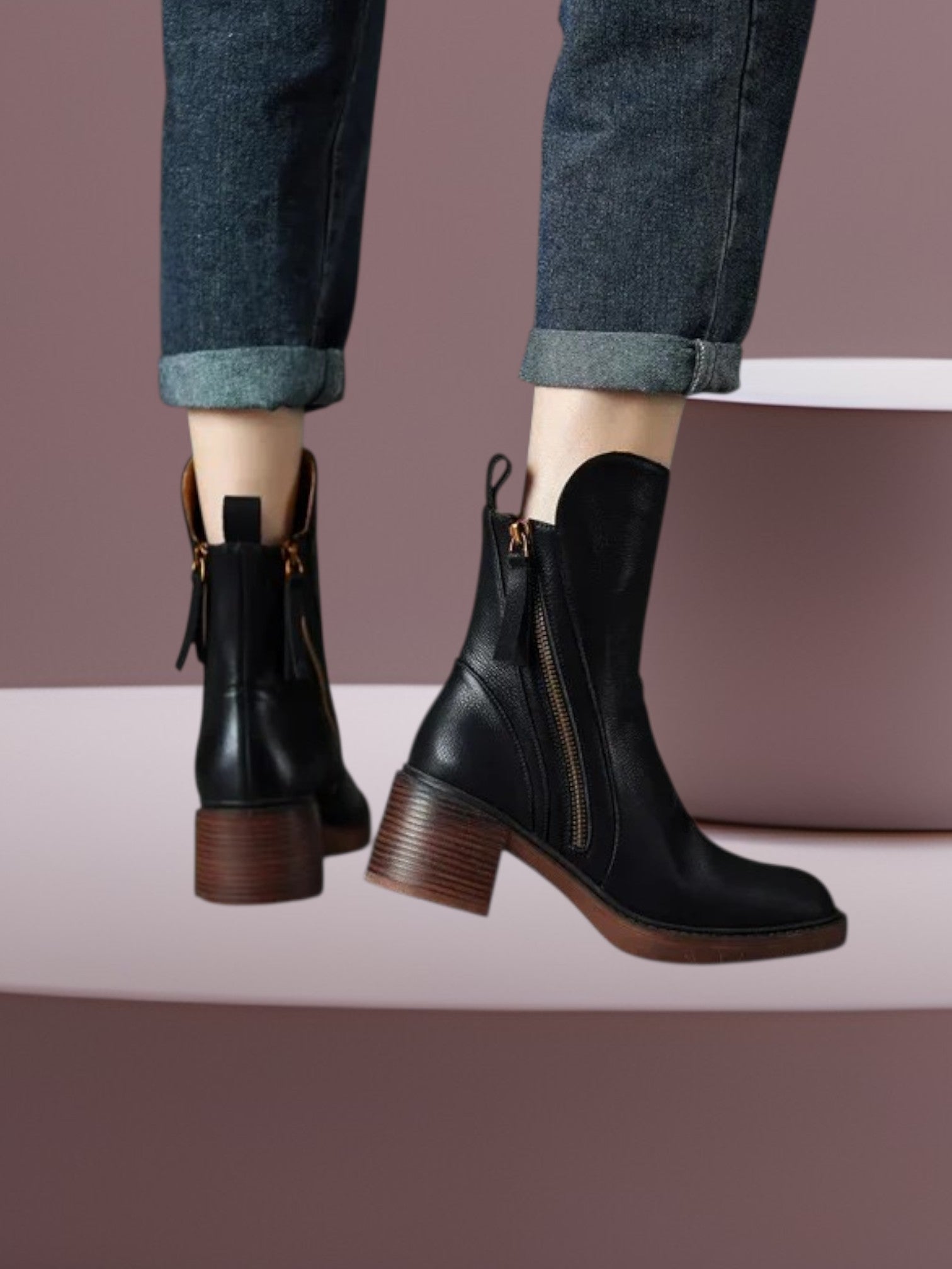 Margaret | Elegant Leather Ankle Boots for Women with Brown Heel and Gold Zipper | Black 2