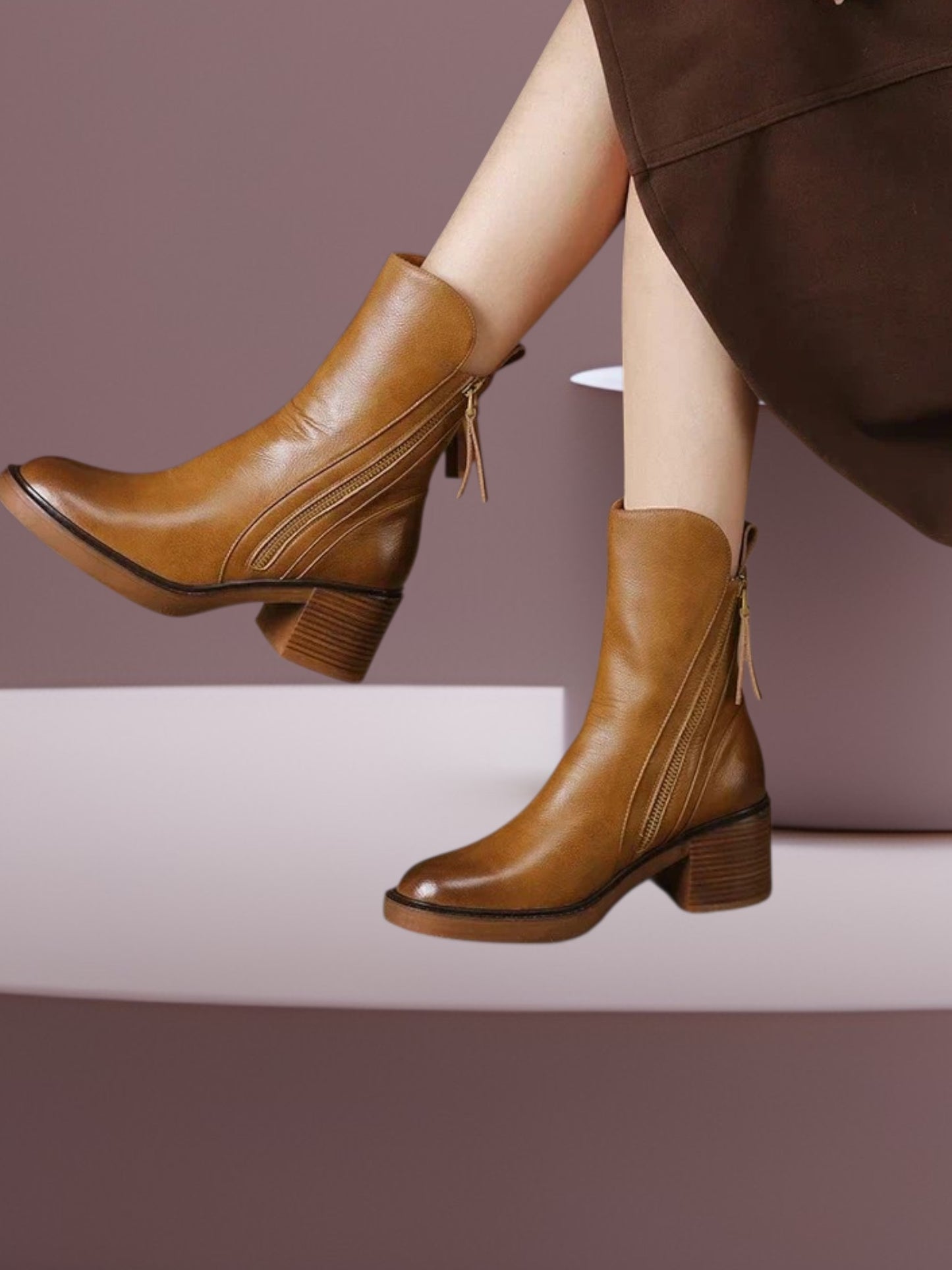 Margaret | Elegant Leather Ankle Boots for Women with Brown Heel and Gold Zipper | Brown