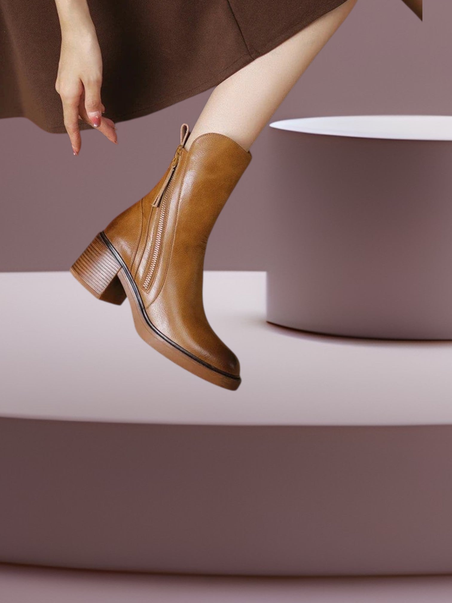 Margaret | Elegant Leather Ankle Boots for Women with Brown Heel and Gold Zipper | Brown 2