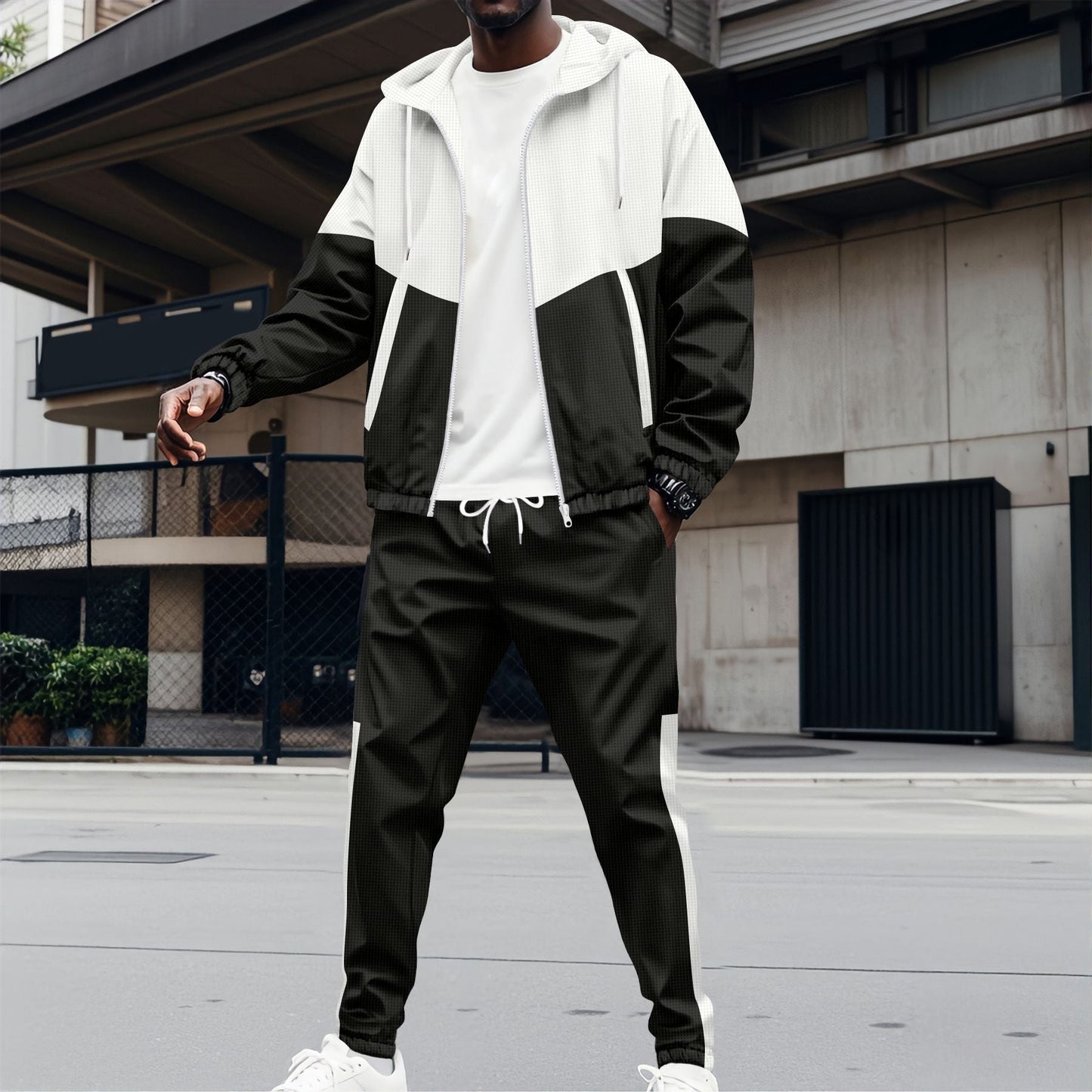 Men's Tracksuit, Hooded, Block Design | Active Fit | White