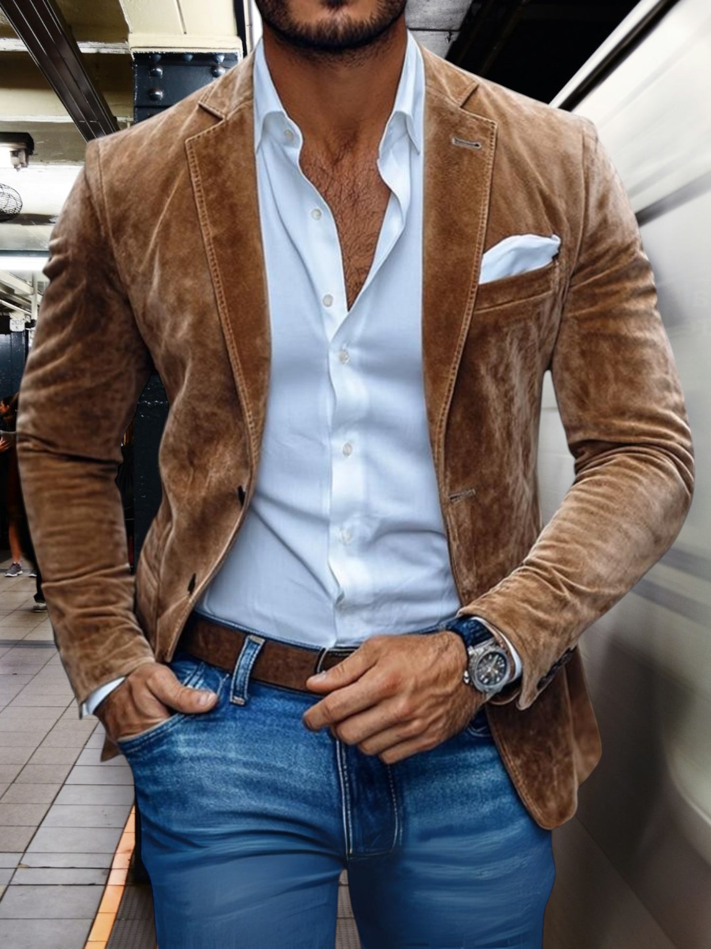 Nikolai | Men's Casual Blazer Jacket in Premium Suede with Notch Lapel and Two Buttons | Brown