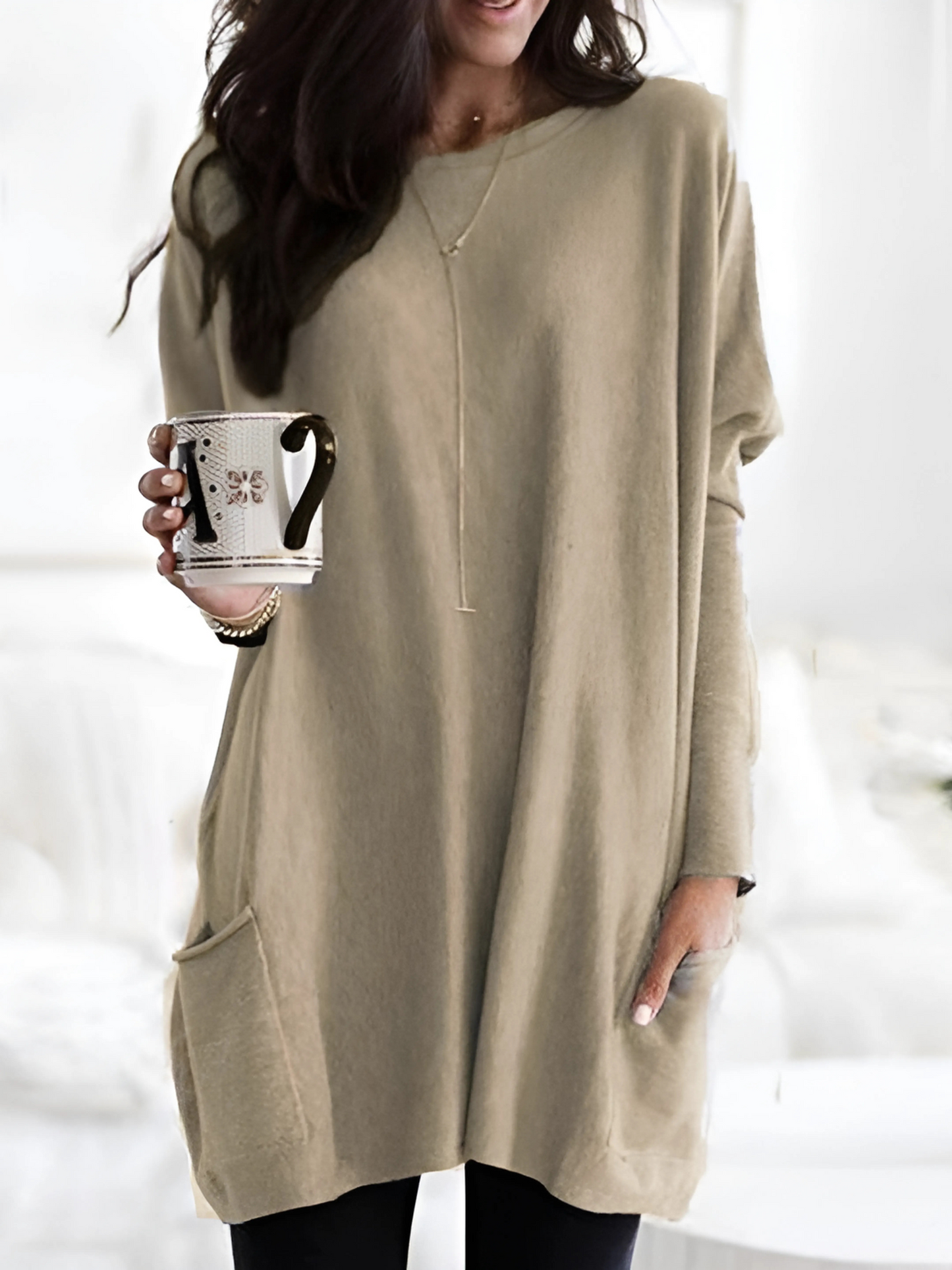 Oversized Pullover for Women | With Pockets | Beige1