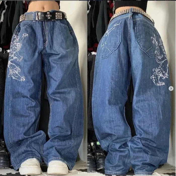 Retro Punk Baggy Cargo Jeans – Unisex Wide Leg Denim Pants with Multiple Pockets
