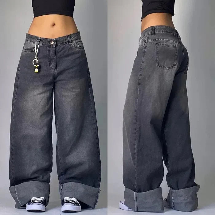Retro Punk Baggy Cargo Jeans – Unisex Wide Leg Denim Pants with Multiple Pockets