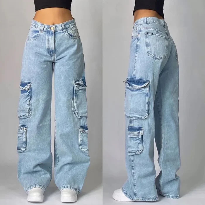Retro Punk Baggy Cargo Jeans – Unisex Wide Leg Denim Pants with Multiple Pockets