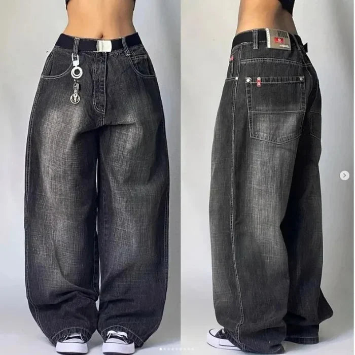 Retro Punk Baggy Cargo Jeans – Unisex Wide Leg Denim Pants with Multiple Pockets