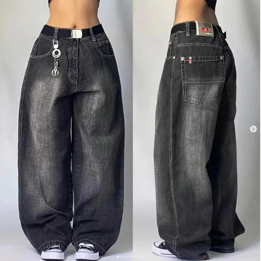 Retro Punk Baggy Cargo Jeans – Unisex Wide Leg Denim Pants with Multiple Pockets