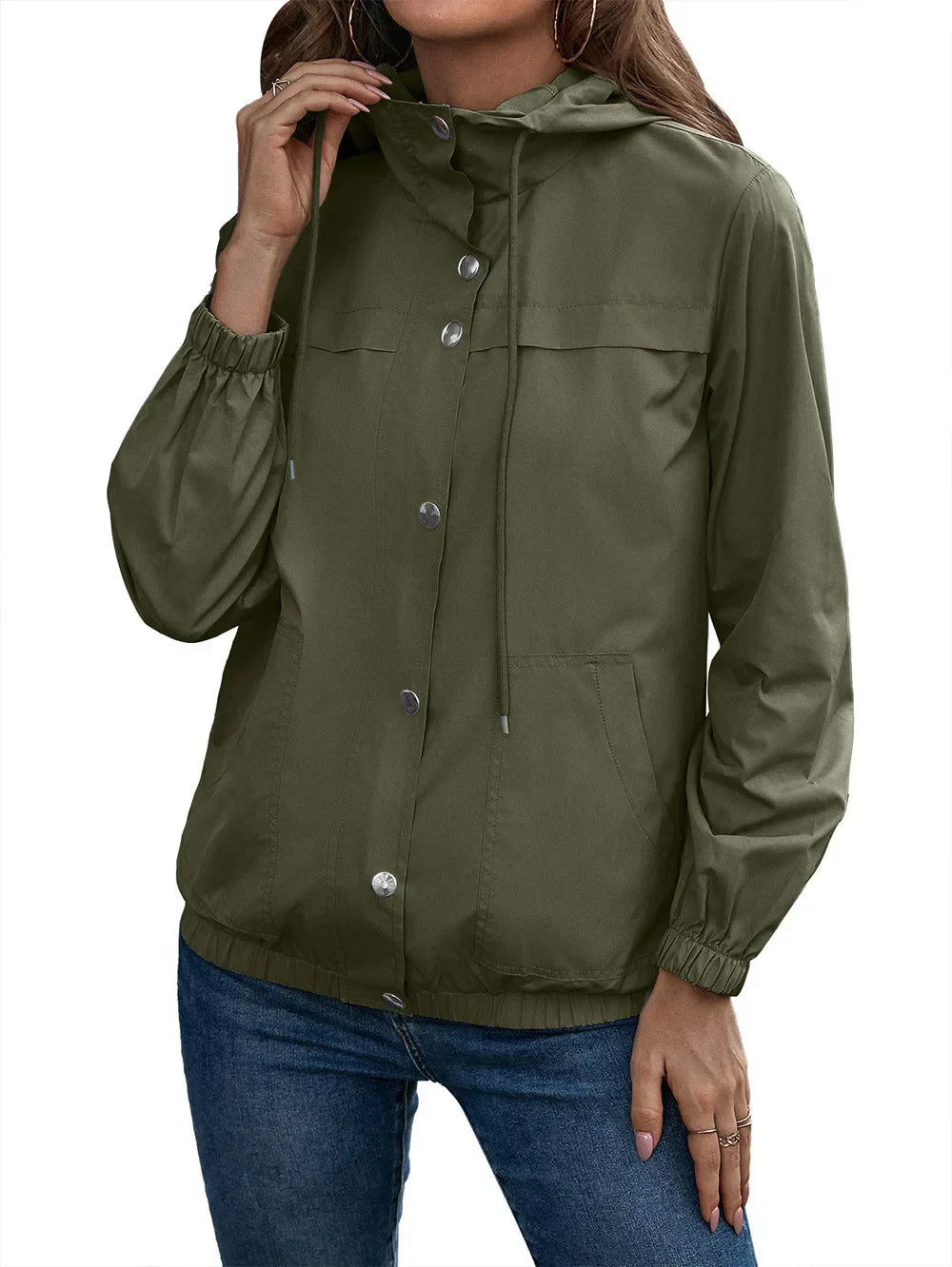 Trench Coat for Women | Waterproof Hooded Long Sleeve | Army Green