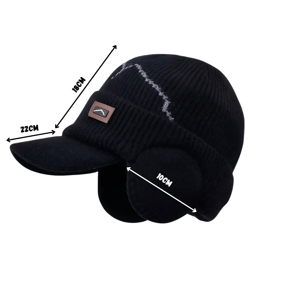 Unisex Winter Hat | Knitted with Ear Flaps and Visor | Black