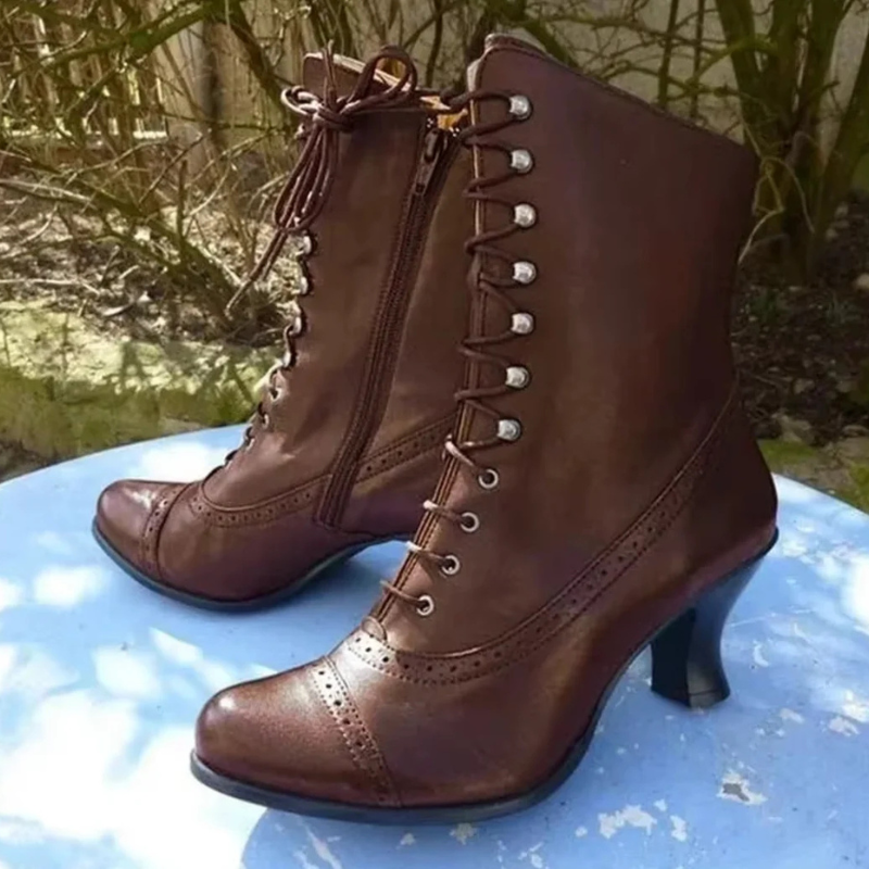 Women’s PU Leather Biker Boots – High Heel Pointed Toe Platform Boots, Victorian Style
