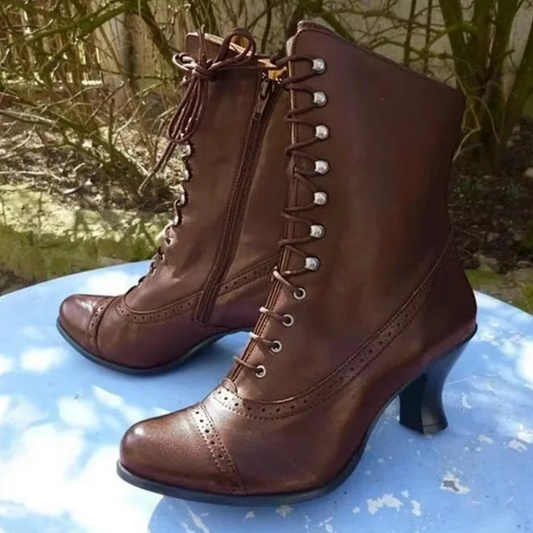 Women’s PU Leather Biker Boots – High Heel Pointed Toe Platform Boots, Victorian Style