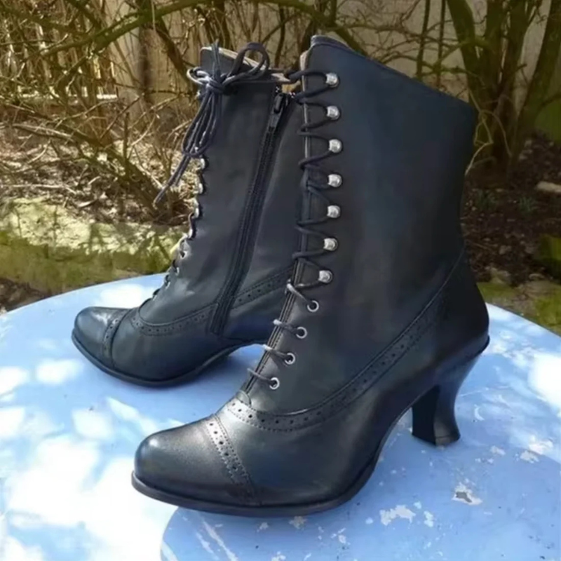 Women’s PU Leather Biker Boots – High Heel Pointed Toe Platform Boots, Victorian Style