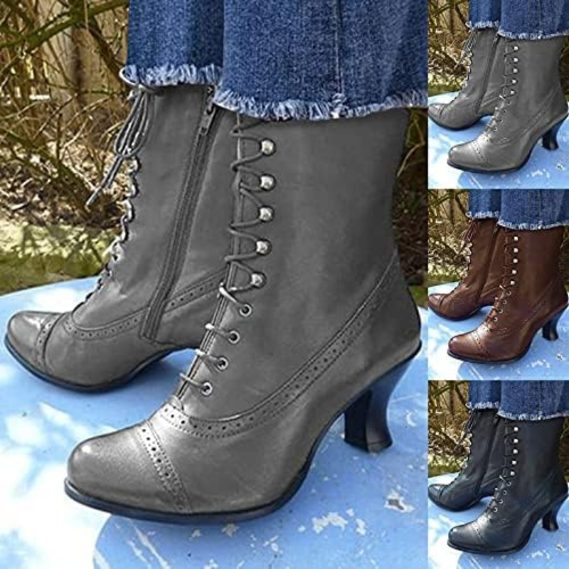 Women’s PU Leather Biker Boots – High Heel Pointed Toe Platform Boots, Victorian Style