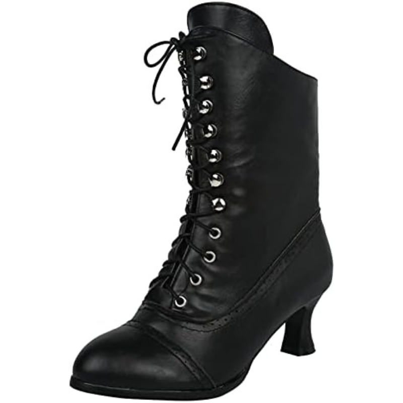 Women’s PU Leather Biker Boots – High Heel Pointed Toe Platform Boots, Victorian Style