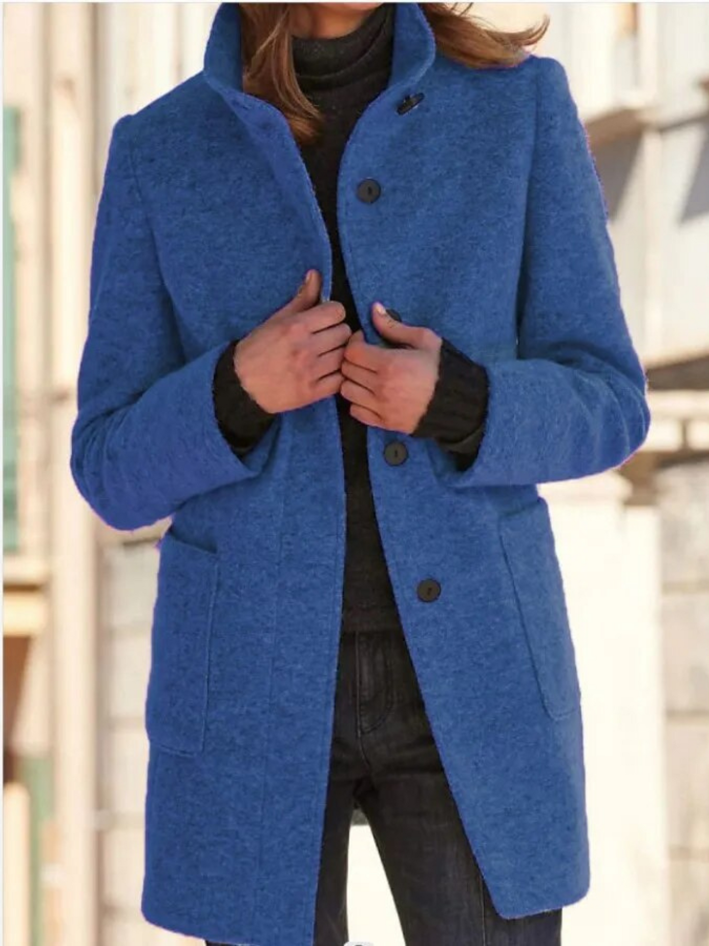 Wool Coat for Women | Elegant Fit, Button Closure | Dark Blue